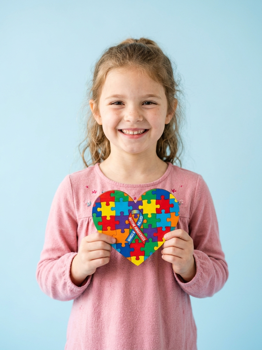 Child holding colorful autism awareness puzzle heart