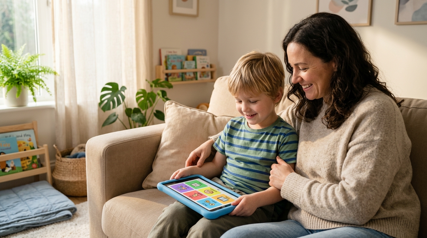 Mother and autistic son smiling together while using Lugra AAC communication tablet